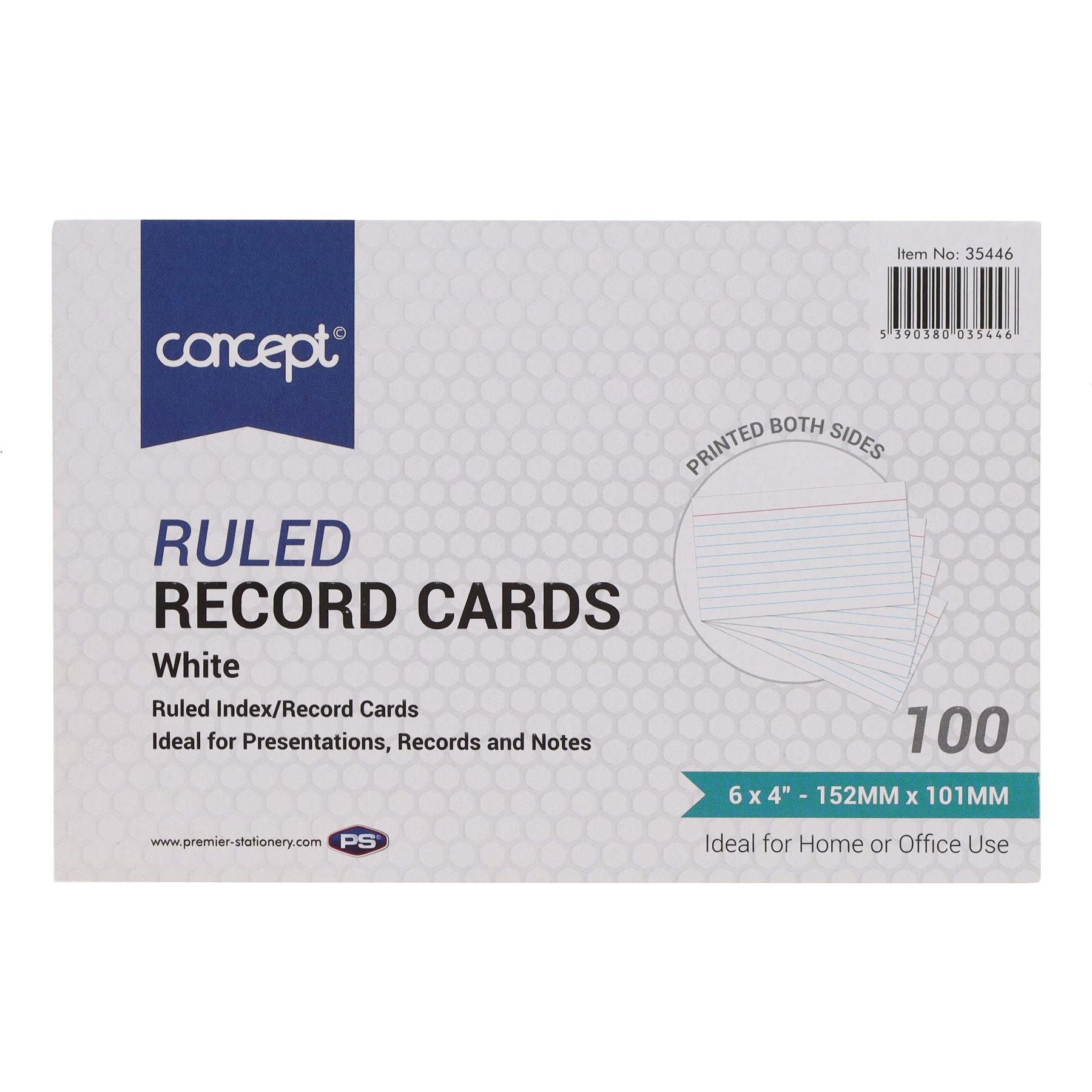 Concept - Packet of 100 6 x 4 Ruled Record Cards - White